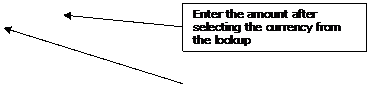 Text Box: Enter the amount after selecting the currency from the lookup
 etc. 

